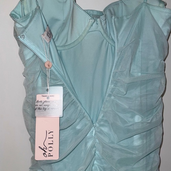 NWT Oh Polly Eftychia Corset Aqua Blue Ruched Mesh Midi Dress Size 6 - Picture 6 of 9